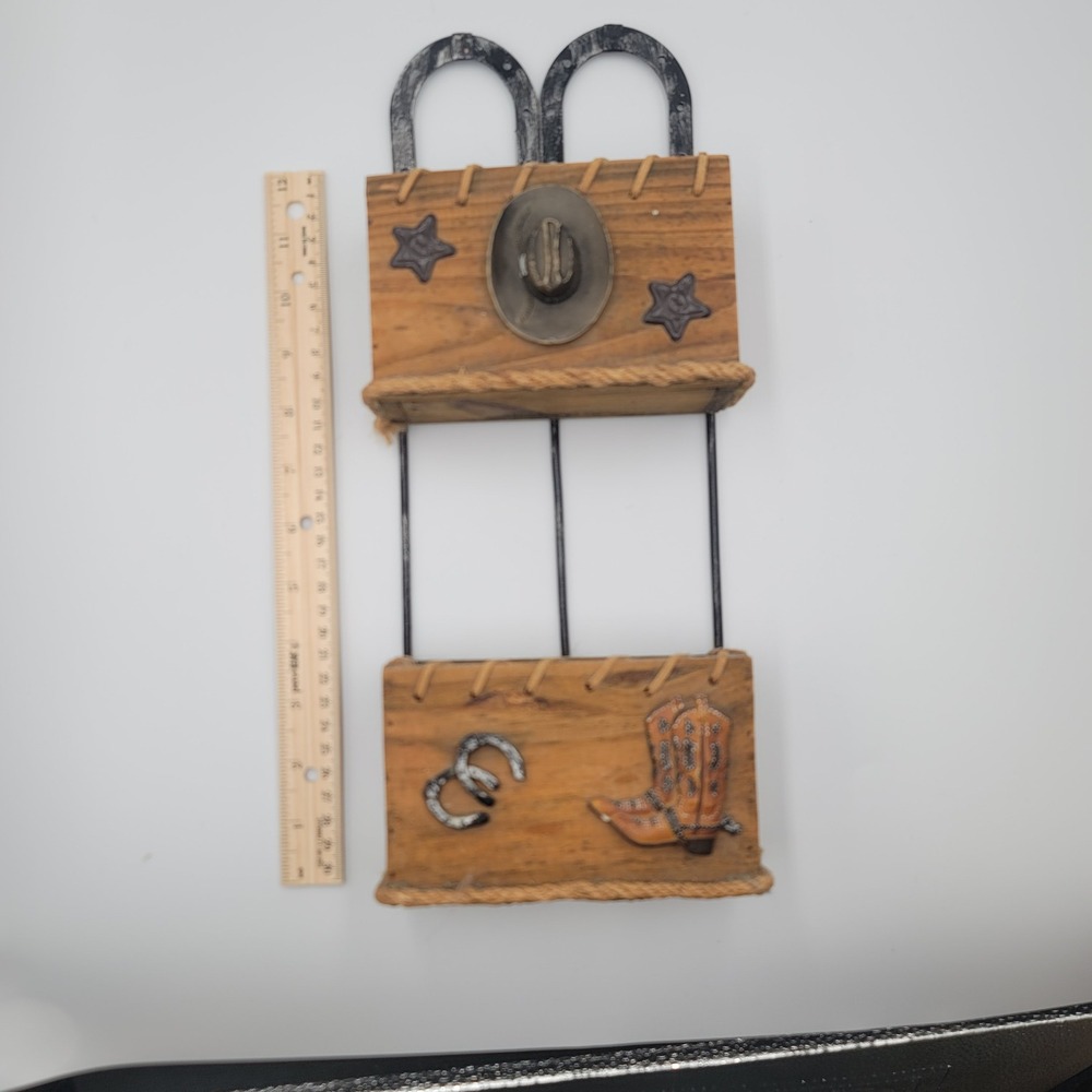 Rustic Western Wood Metal Wall Organizer Horseshoe Cowboy Country Cabin Decor